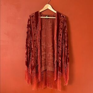 Vtg Blu Moon Rusty Orange Beaded Fringe Silk Shrug